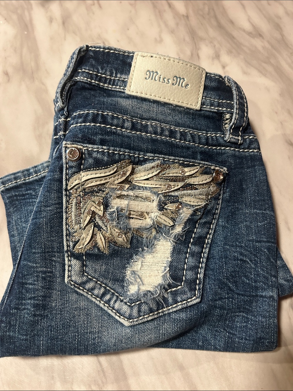 Miss Me Blue Embroidered Wing Pocket  Jeans